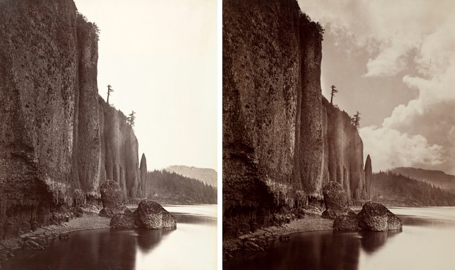 Carleton E. Watkins (American, 1829–1916). Left: Cape Horn, Columbia River, Oregon, 1867. The Metropolitan Museum of Art, New York, Gilman Collection, Gift of The Howard Gilman Foundation, 2005 (2005.100.493). Right: Cape Horn, Columbia River, Oregon, 1867; printed 1880–90. George Eastman House, International Museum of Photography and Film, Rochester